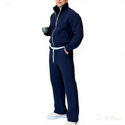 Fall men's fashionable sporty casual suit - high-quality stand-up collar solid-color pullover with zipper, drawstring pants
