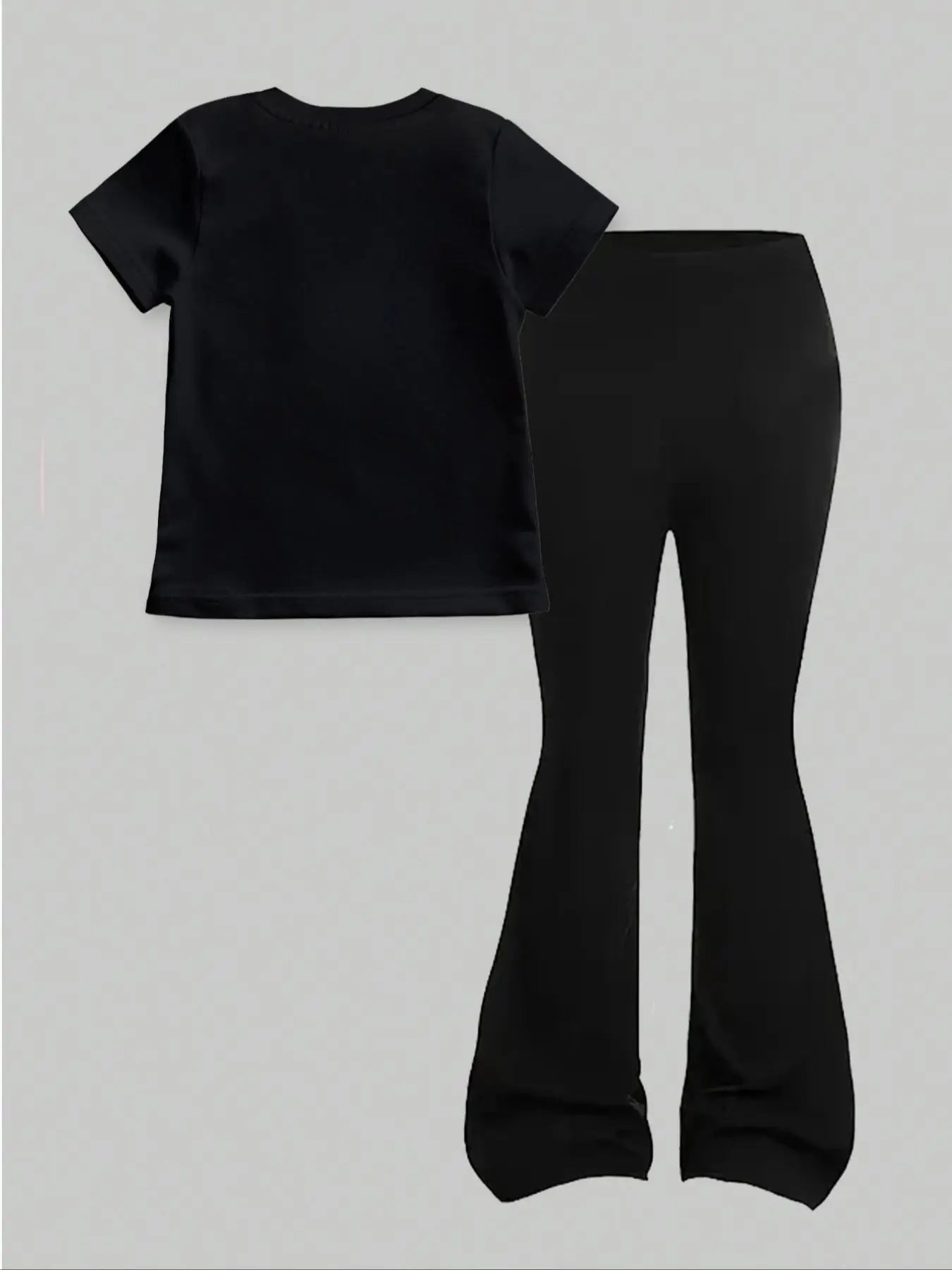 Children's Clothing Girls' Set 2026 New Style for 4-12 Year Old Girls, Regular Short-Sleeve Top and Bell-Bottom Pants Two-Piece Set, Simple Bow Print Clothes, Versatile for Home and Outings