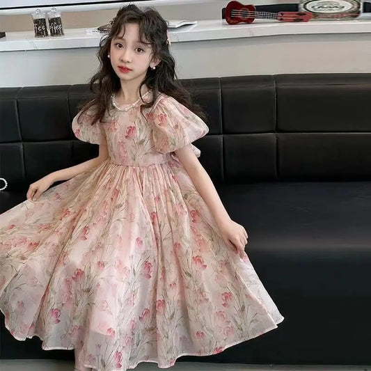 Girls' older dress summer new foreign style children's sweet princess dress girls bubble sleeves super beautiful skirt