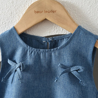 Blue Summer New Casual Girls' Clothes Round Neck Sleeveless Bow Lace Vest Princess Dress for Girls Aged 3-7 Korean Version