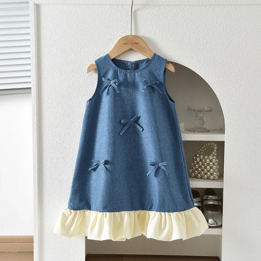 Blue Summer New Casual Girls' Clothes Round Neck Sleeveless Bow Lace Vest Princess Dress for Girls Aged 3-7 Korean Version