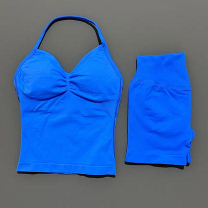 2 Piece Histello Sports Set Women Longline Strappy Top Seamless Yoga Tank Scrunch Butt Workout Shorts Suit Gym Sports Sets