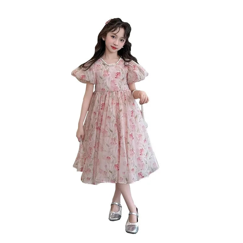 Girls' older dress summer new foreign style children's sweet princess dress girls bubble sleeves super beautiful skirt