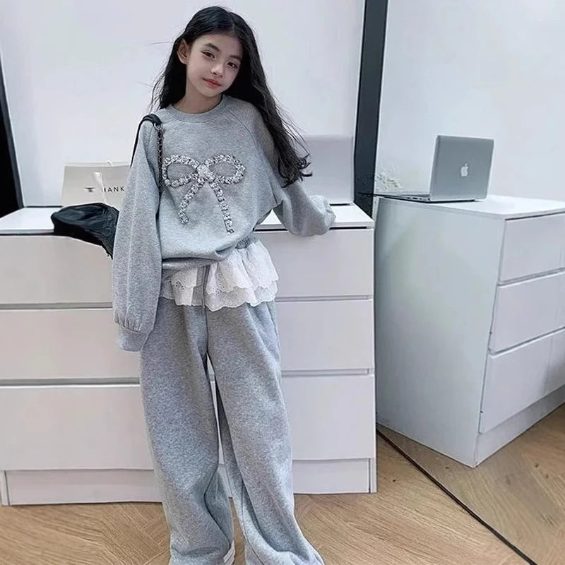 Teen Girls Clothing Set Spring Autumn New Solid Color Bow Sweatshirt+Lace Patchwork Pants 2Pcs Suit For 6-14 Years Girls Outfit