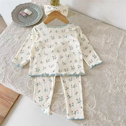 ‌New Arrival Baby Girls Floral Print Cotton Pajama Set Long Sleeve Lace Trim Two Piece Sleepwear Autumn Homewear Infant Toddler‌