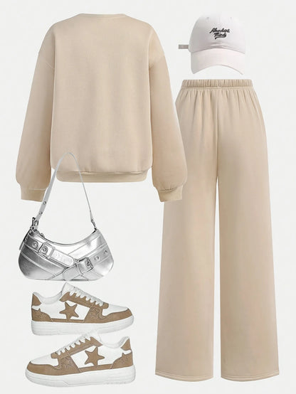 Children's Clothing for Girls, Autumn Outfit Set, Girls' Round-Neck Pullover and Wide-Leg Pants Set, Girls' Round-Neck Sweatshirt and Sports Sweatpants Two-Piece Set, Solid Color Stylish Clothes