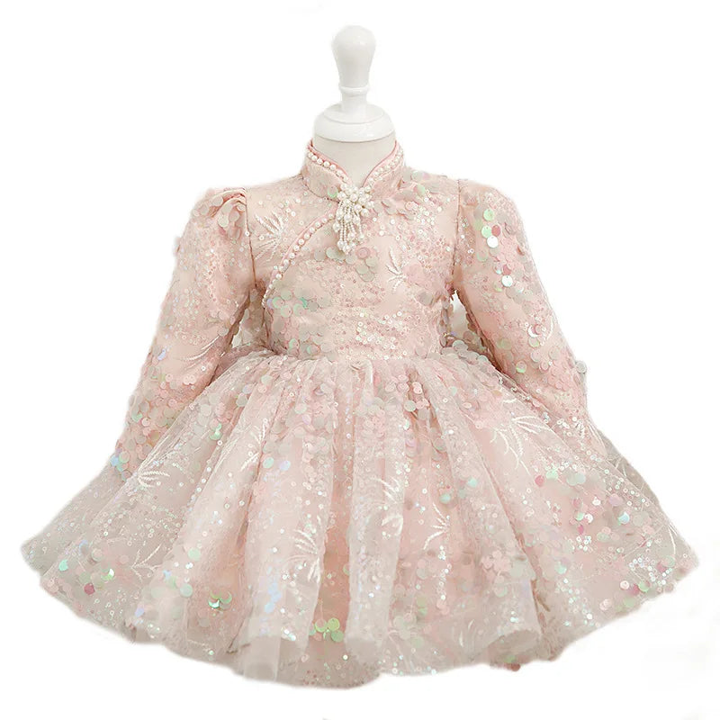 Sequined Children's Dress Princess Dress Long-Sleeved Dress Host Piano Performance Costume Flower Girl Pettiskirt