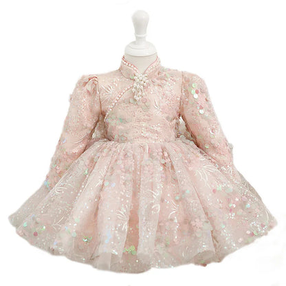 Sequined Children's Dress Princess Dress Long-Sleeved Dress Host Piano Performance Costume Flower Girl Pettiskirt