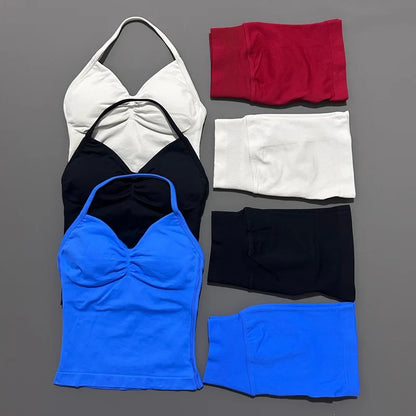 2 Piece Histello Sports Set Women Longline Strappy Top Seamless Yoga Tank Scrunch Butt Workout Shorts Suit Gym Sports Sets