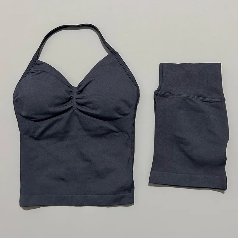 2 Piece Histello Sports Set Women Longline Strappy Top Seamless Yoga Tank Scrunch Butt Workout Shorts Suit Gym Sports Sets