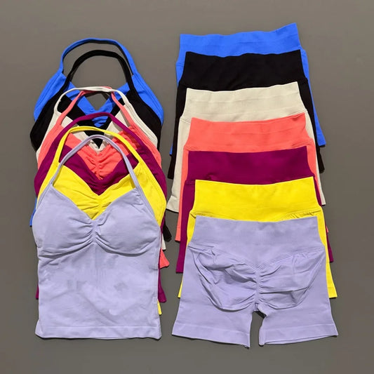 2 Piece Histello Sports Set Women Longline Strappy Top Seamless Yoga Tank Scrunch Butt Workout Shorts Suit Gym Sports Sets