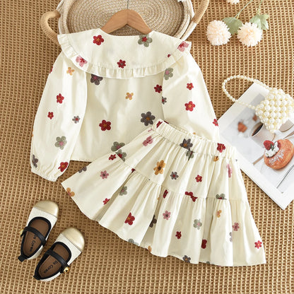 Bera Leader 2025 New Spring and Autum Girls' Set Two Piece Bow Full Print Long Sleeved Doll Neck Top Hundred Pleated Short Skirt