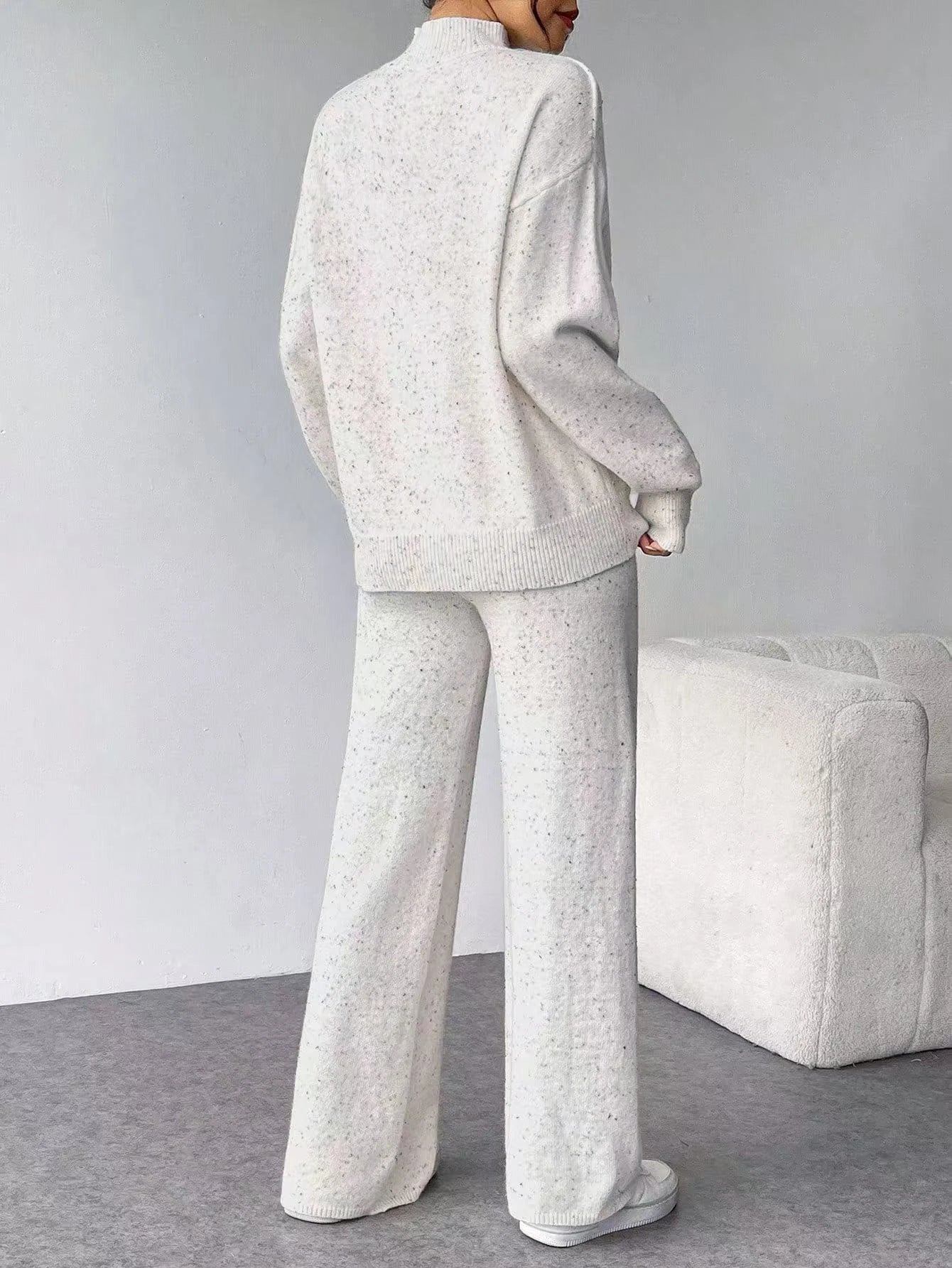 Women's White Speckled Knit Turtleneck Sweater And Pants Set Oversized Casual Loungewear Two-Piece Outfit