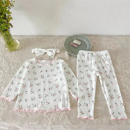 ‌New Arrival Baby Girls Floral Print Cotton Pajama Set Long Sleeve Lace Trim Two Piece Sleepwear Autumn Homewear Infant Toddler‌