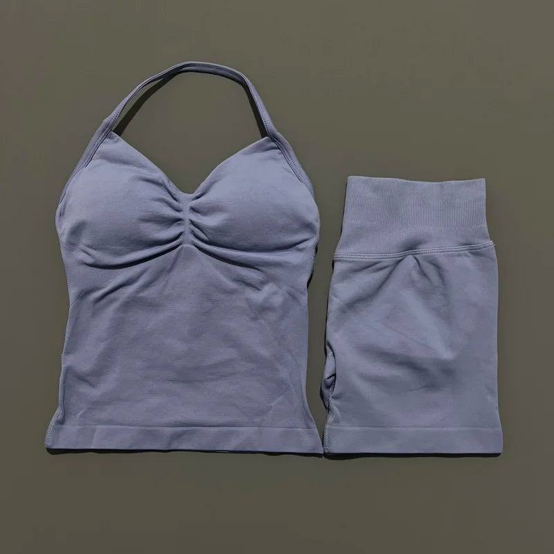 2 Piece Histello Sports Set Women Longline Strappy Top Seamless Yoga Tank Scrunch Butt Workout Shorts Suit Gym Sports Sets