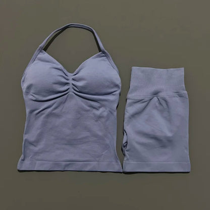 2 Piece Histello Sports Set Women Longline Strappy Top Seamless Yoga Tank Scrunch Butt Workout Shorts Suit Gym Sports Sets