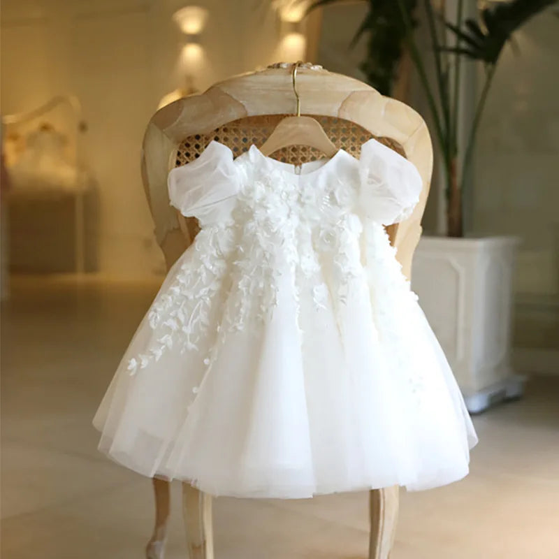 Flower Girl Wedding White Dress Infant Kids Lace Petal Ball Gowns Children Baptism Formal Bubble Dresses Elegant Clothes