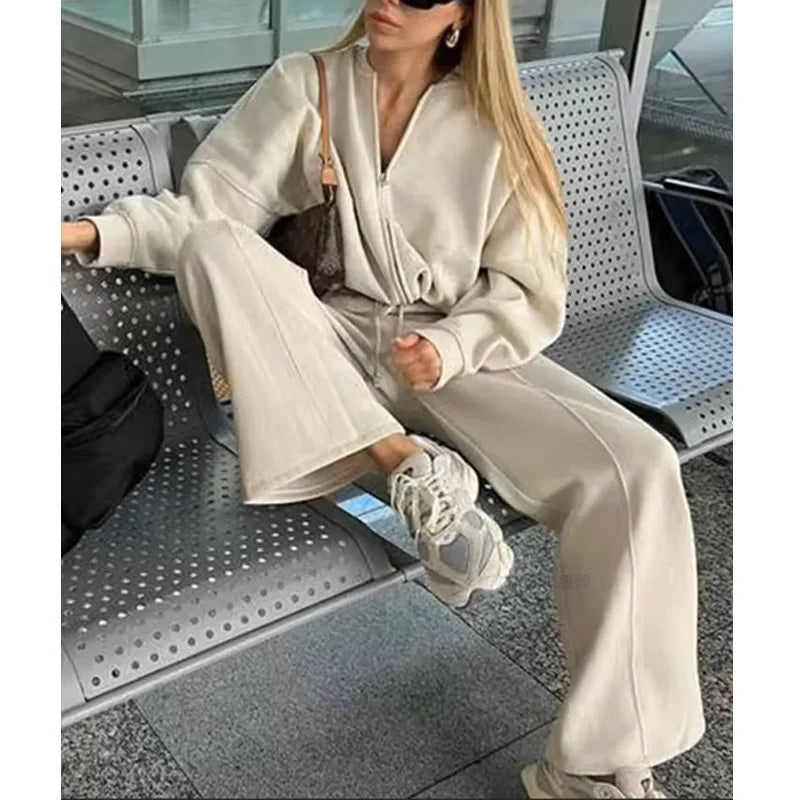 Autumn New Cross-border European and American Velvet Solid Color Zipper Cardigan Sweater Women's Trend Fashion Casual Trousers