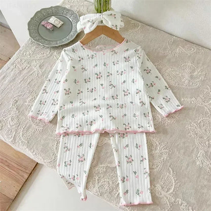 ‌New Arrival Baby Girls Floral Print Cotton Pajama Set Long Sleeve Lace Trim Two Piece Sleepwear Autumn Homewear Infant Toddler‌