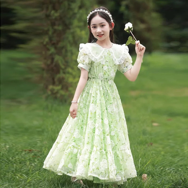 4-12Years Old Girls Summer Dresses Children's Princess Gown Big Kids Short-sleeved Dress Teen Girls Peter Pan Collar Clothing