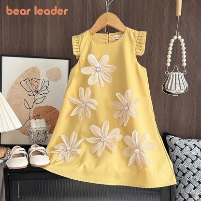 Bear Leader 3D Flower Wedding Birthday Party Princess Dress 2-12 Years Casual Dresses for Girls Solid Color Easter Kids Outfits