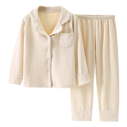 New Winter Kids Flannel Pyjamas Sets Warm Velvet Sleepwear Solid Color Long Sleeve Tops Pants Boys Girls PJs Casual Clothes