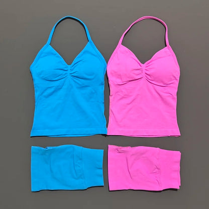 2 Piece Histello Sports Set Women Longline Strappy Top Seamless Yoga Tank Scrunch Butt Workout Shorts Suit Gym Sports Sets