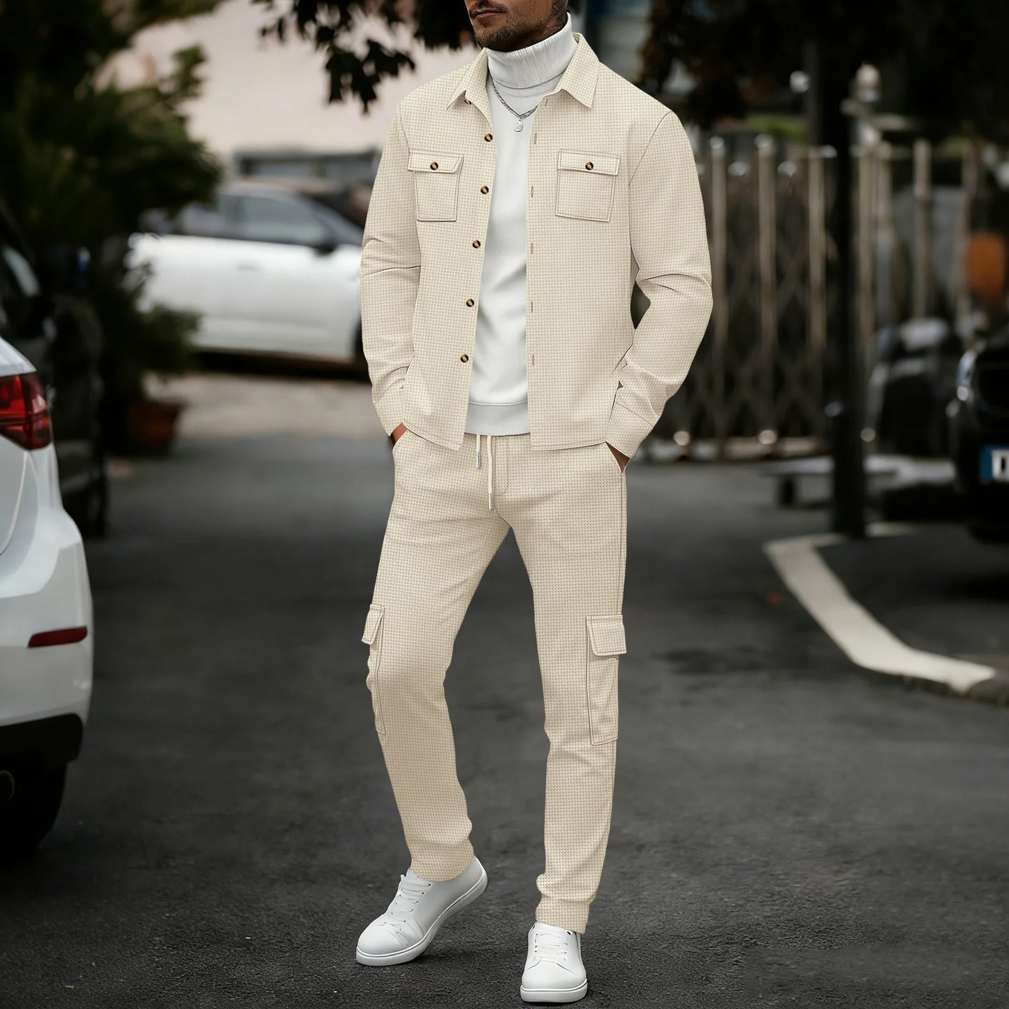 New men's four season outdoor trend casual waffle solid color workwear button pocket lapel jacket workwear pants two-piece set