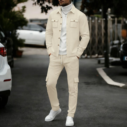 New men's four season outdoor trend casual waffle solid color workwear button pocket lapel jacket workwear pants two-piece set