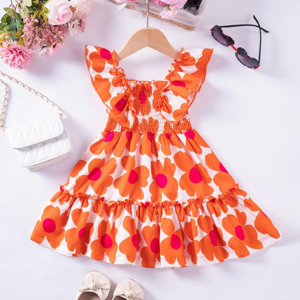 2024 Summer New Kids Dresses for Girls Floral Fly Sleeve Sleeveless Princess Dress Cute Sweet Lovely Fashion Versatile