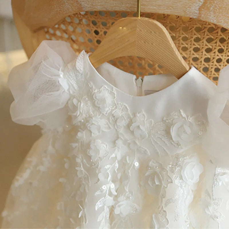 Flower Girl Wedding White Dress Infant Kids Lace Petal Ball Gowns Children Baptism Formal Bubble Dresses Elegant Clothes