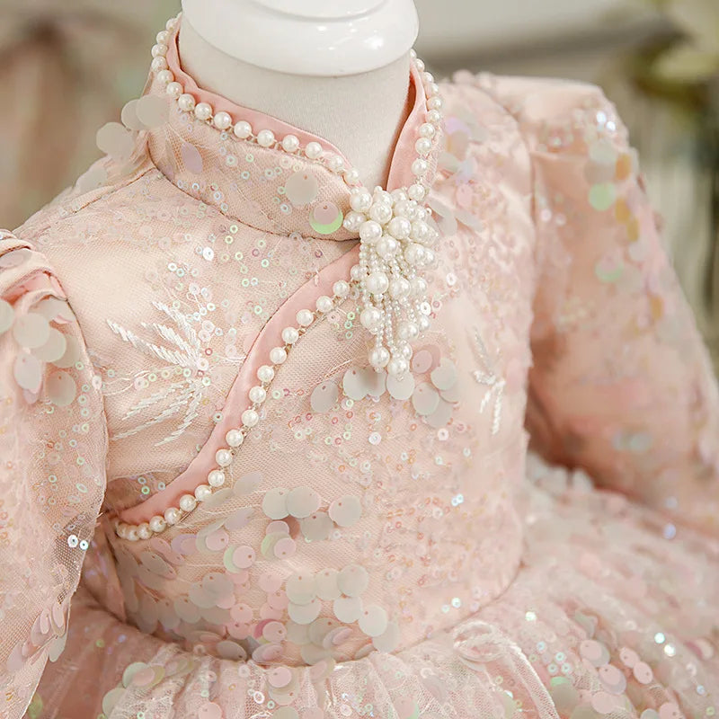 Sequined Children's Dress Princess Dress Long-Sleeved Dress Host Piano Performance Costume Flower Girl Pettiskirt