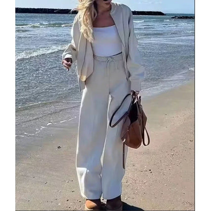 Autumn New Cross-border European and American Velvet Solid Color Zipper Cardigan Sweater Women's Trend Fashion Casual Trousers