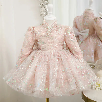 Sequined Children's Dress Princess Dress Long-Sleeved Dress Host Piano Performance Costume Flower Girl Pettiskirt