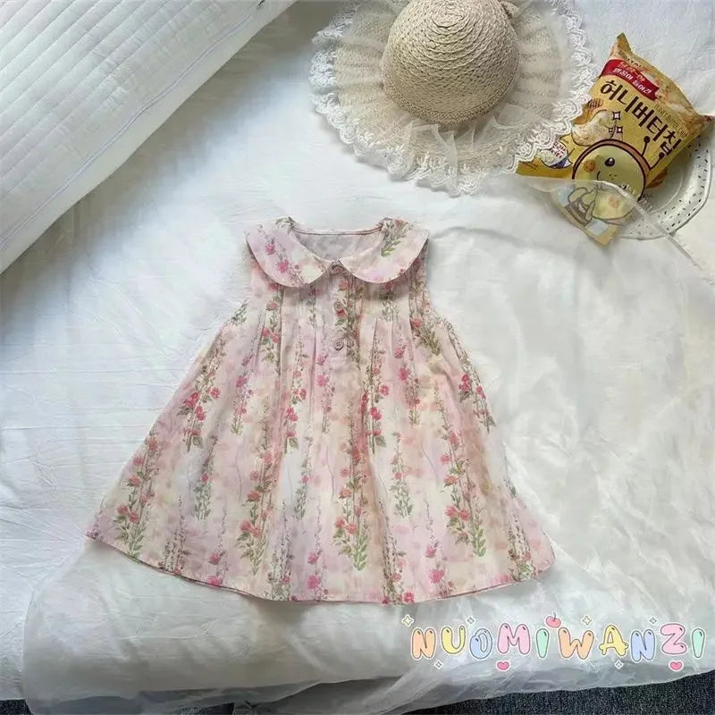 Girls Casual Dresses Flower Print Doll Collar Dress with Bow Flower Girl Dresses for Weddings Kids Clothes for Girls