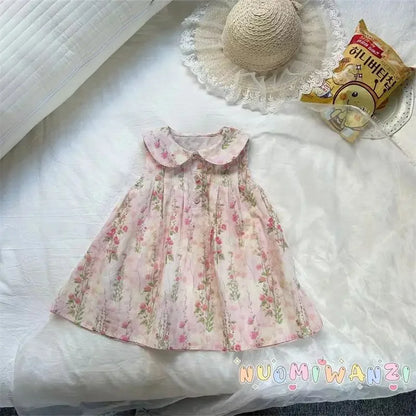 Girls Casual Dresses Flower Print Doll Collar Dress with Bow Flower Girl Dresses for Weddings Kids Clothes for Girls