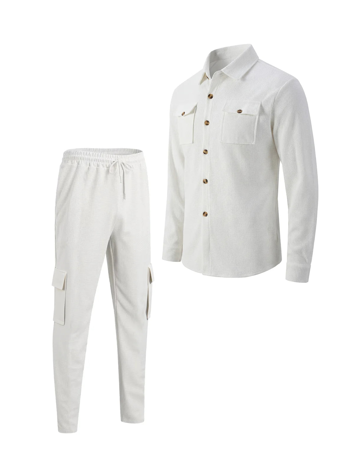 New men's four season outdoor trend casual waffle solid color workwear button pocket lapel jacket workwear pants two-piece set