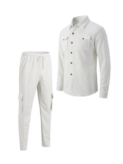 New men's four season outdoor trend casual waffle solid color workwear button pocket lapel jacket workwear pants two-piece set