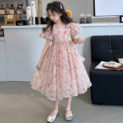 Girls' older dress summer new foreign style children's sweet princess dress girls bubble sleeves super beautiful skirt