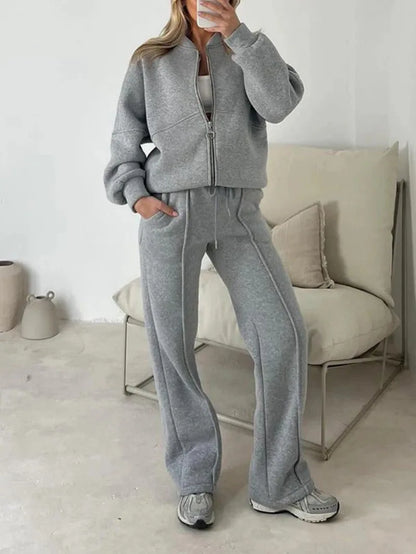 Autumn New Sports Suit For Women Loose Solid Color Zipper Long Sleeve Sweatshirt Coat High Waist Lace Up Trousers 2 Piece Set