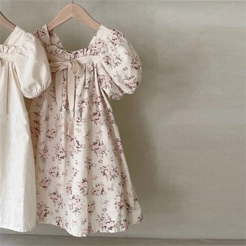 Dresses Korean version of new summer dress girls' baby bow bubble sleeve sweet floral square neck dress