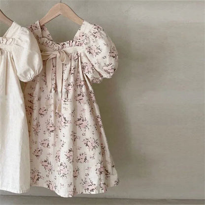 Dresses Korean version of new summer dress girls' baby bow bubble sleeve sweet floral square neck dress