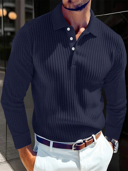 Men's Striped Long Sleeve Polo - Retro Business Casual