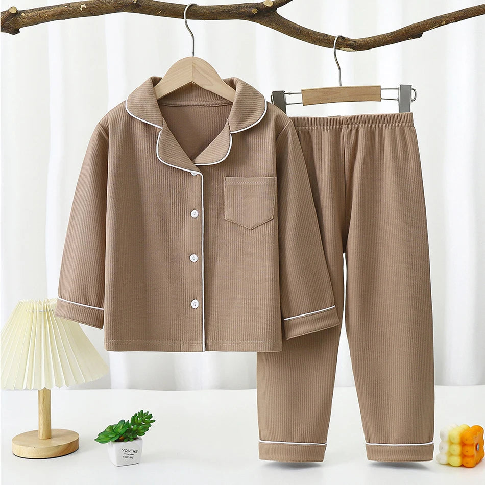 New Winter Kids Flannel Pyjamas Sets Warm Velvet Sleepwear Solid Color Long Sleeve Tops Pants Boys Girls PJs Casual Clothes