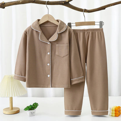 New Winter Kids Flannel Pyjamas Sets Warm Velvet Sleepwear Solid Color Long Sleeve Tops Pants Boys Girls PJs Casual Clothes