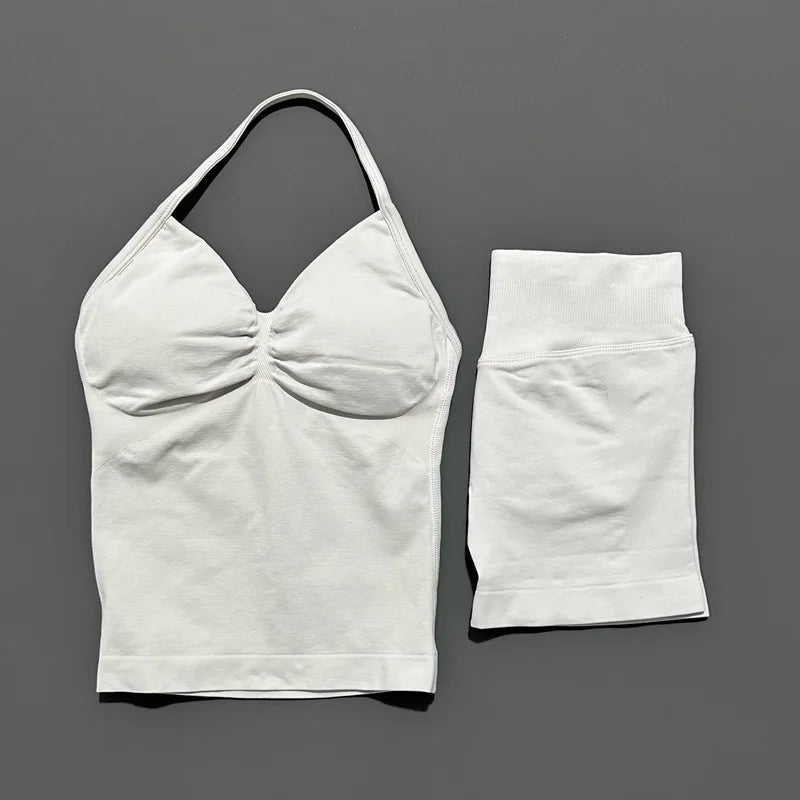 2 Piece Histello Sports Set Women Longline Strappy Top Seamless Yoga Tank Scrunch Butt Workout Shorts Suit Gym Sports Sets