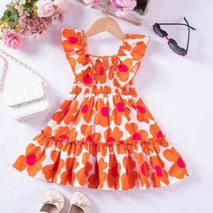 2024 Summer New Kids Dresses for Girls Floral Fly Sleeve Sleeveless Princess Dress Cute Sweet Lovely Fashion Versatile