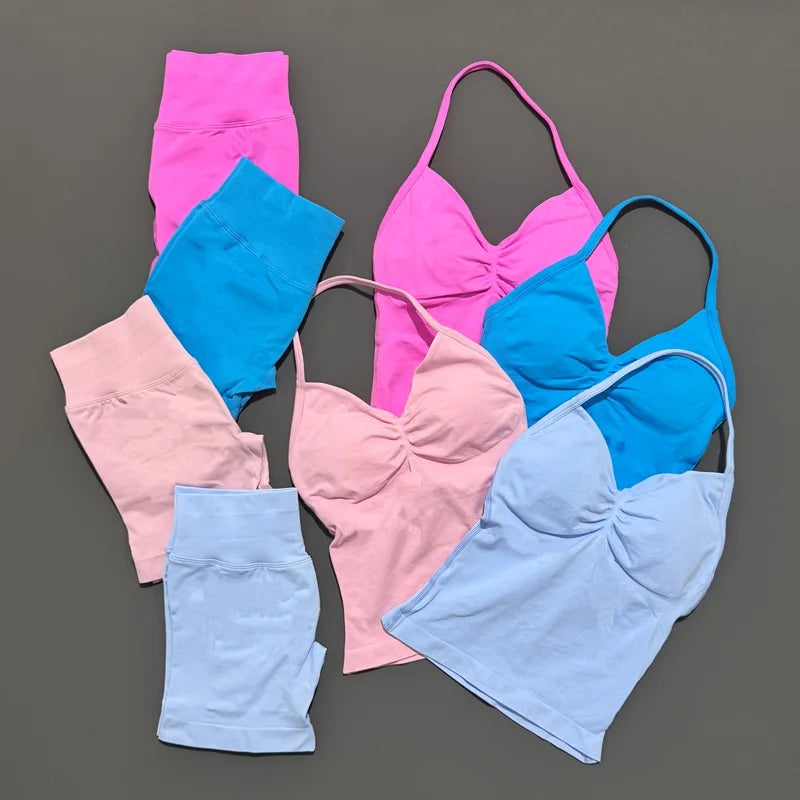 2 Piece Histello Sports Set Women Longline Strappy Top Seamless Yoga Tank Scrunch Butt Workout Shorts Suit Gym Sports Sets