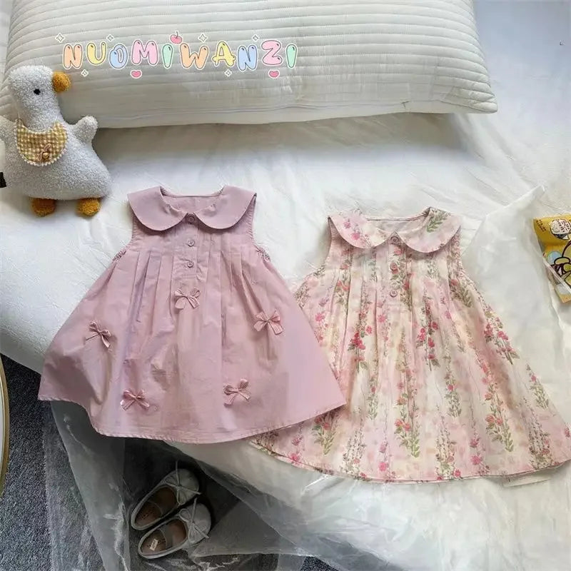 Girls Casual Dresses Flower Print Doll Collar Dress with Bow Flower Girl Dresses for Weddings Kids Clothes for Girls