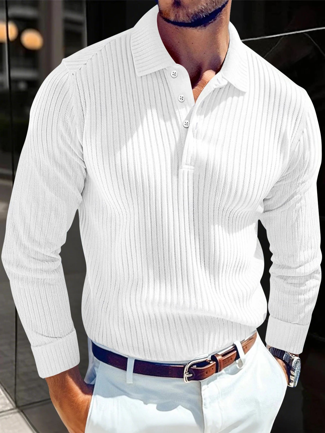 Men's Striped Long Sleeve Polo - Retro Business Casual